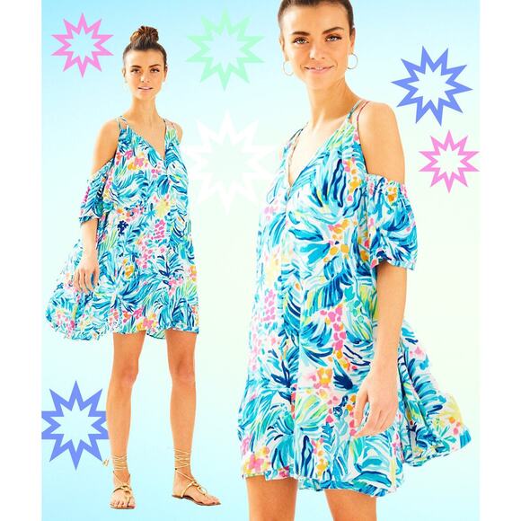 Lilly Pulitzer Women Bellamie Open Cold Shoulder Serene Blue Swing Dress Small - Picture 10 of 11